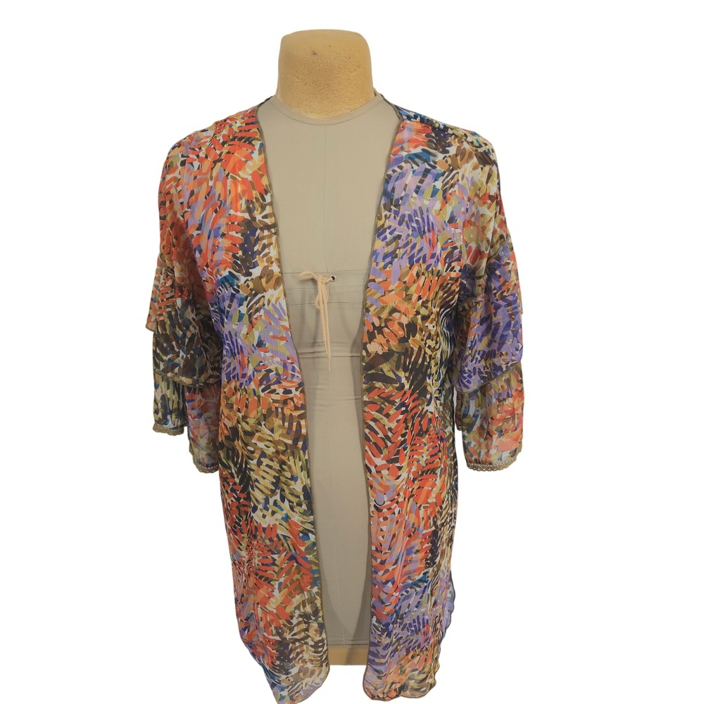 Democracy Kimono Cardigan Women S/M Abstract Tiered‎ Sleeve Open Front Coverup